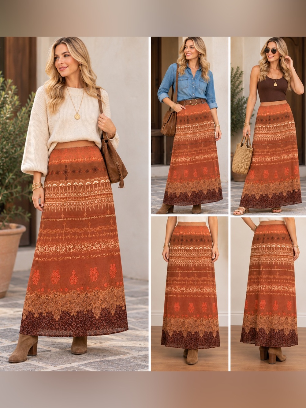 VTG Boho Faux Wrap Maxi Skirt Brown Rust Patterned Skirt Western Artisan Sz 16W